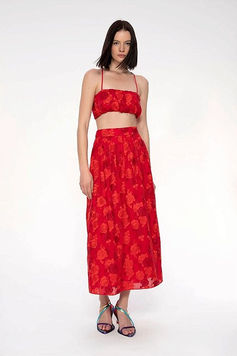 Top Cris Barros Vermelho Floral Modelo Yvanna
