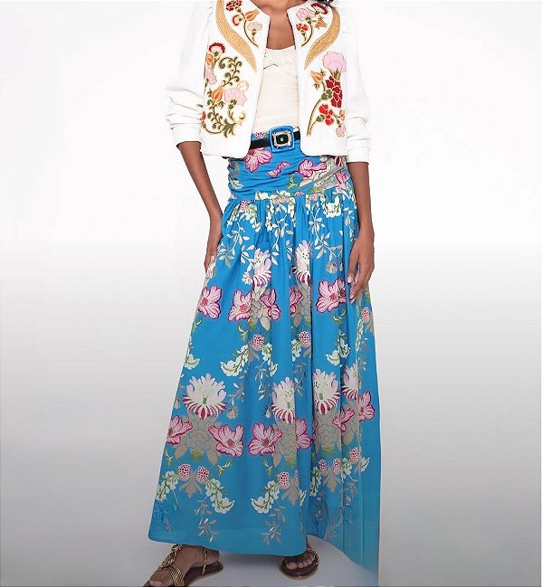 Saia Cris Barros Azul Estampada Modelo Angela