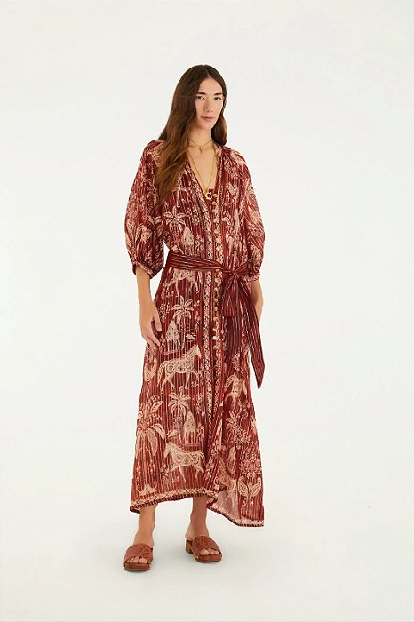 Vestido Longo Farm Vinho Estampado Modelo Haras