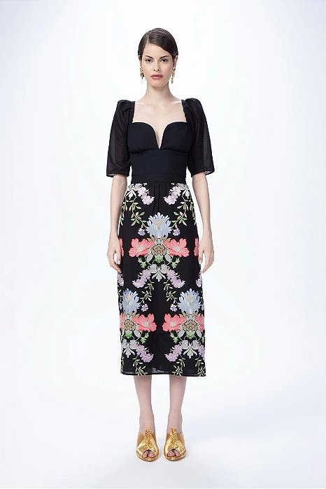 Saia Cris Barros Preta Bordada Midi