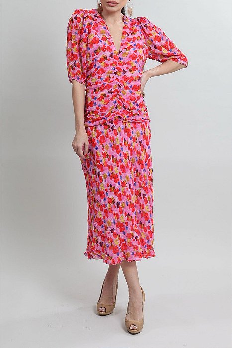 Vestido Cris Barros Rosa Estampado Longo