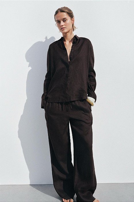 Conjunto Zara Calça + Blusa Marrom Em Linho