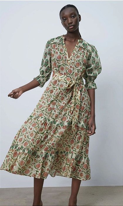 Vestido Longo Zara Rosa Estampado Boho