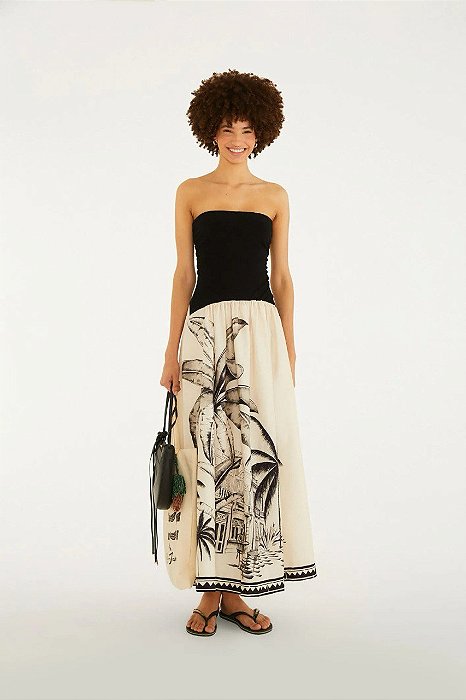 Vestido Farm Preto e Bege Estampado Sem Alças