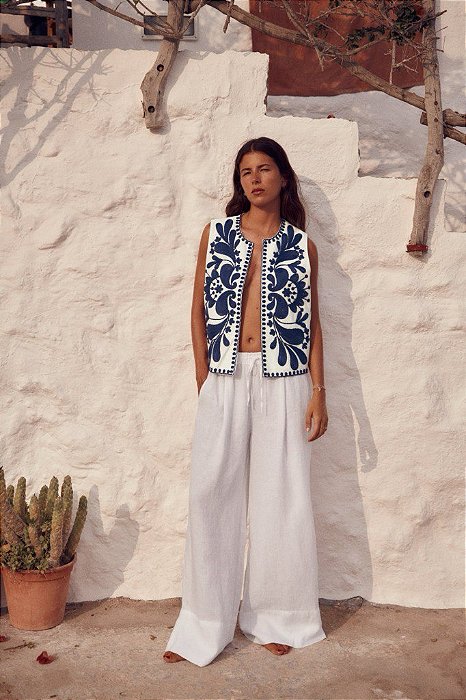 Colete Zara Azul E Branco Bordado