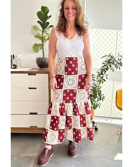 Saia Mixed Vinho E Bege Estampada Longa