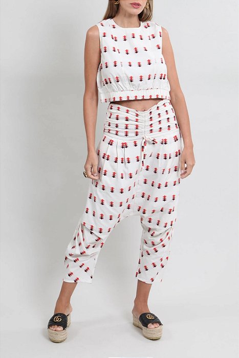 Conjunto A. Niemeyer Calça e Blusa Branco e Vermelho Estampado