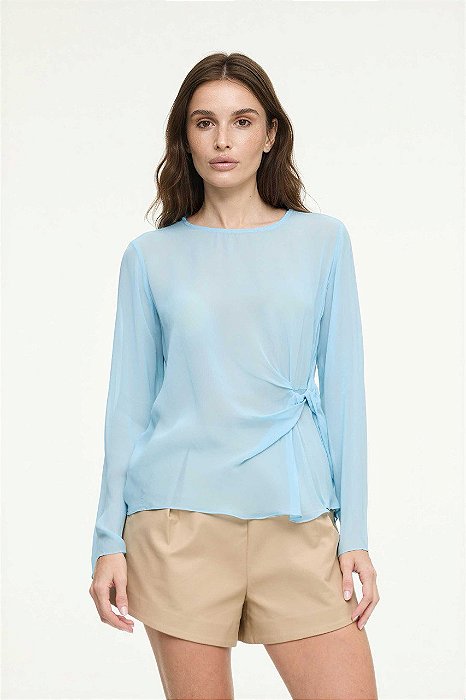 Blusa Animale Azul Manga Longa Modelo Georgette