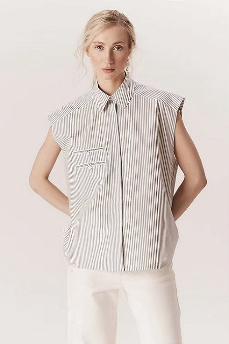 Camisa Andrea Marques Branca Listrada Sem Mangas