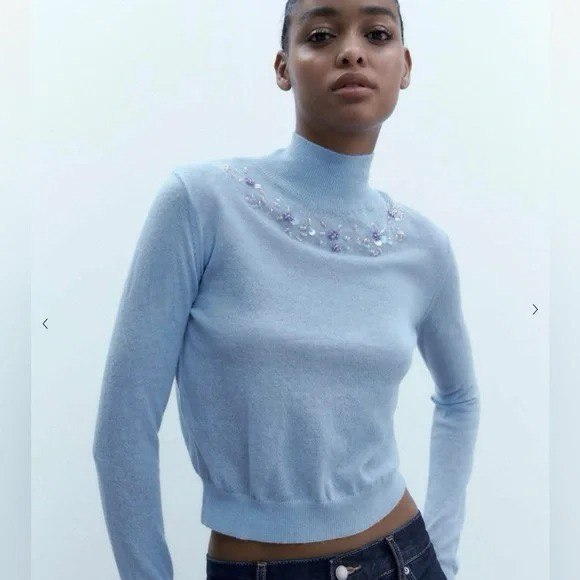 Blusa Zara Azul Em Lã Com Bordados