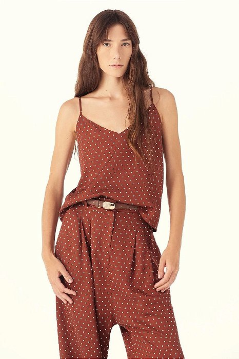 Blusa Cris Barros Marrom Em Poá Modelo Marta