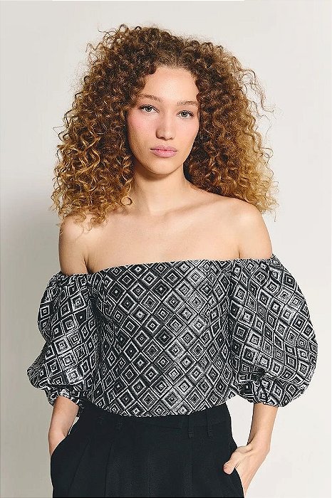 Blusa NV Preto E Prata Metalizado Modelo Priscila