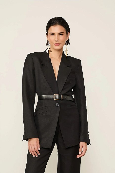 Blazer Animale Preto Em Linho