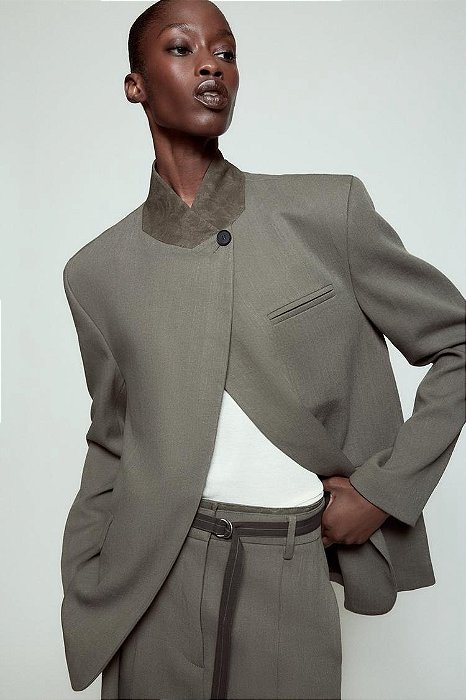 Blazer Zara Cinza Modelo Cruzado De Botão Único