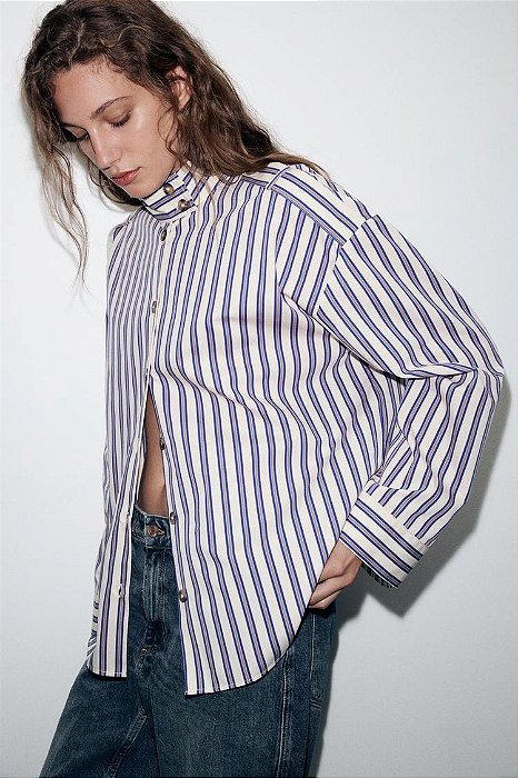 Camisa Zara Branca Com Listras Modelo Botões Na Gola