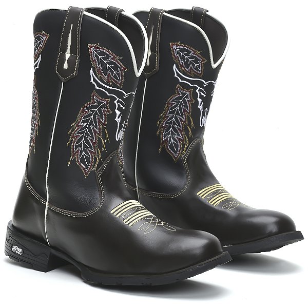 BOTA TEXANA COUNTRY MASCULINA BICO REDONDO COURO PRETO CARA DO BOI