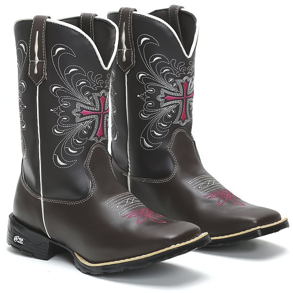 BOTA TEXANA COUNTRY FEMININA COURO MARROM CRUZ ROSA QUADRADO