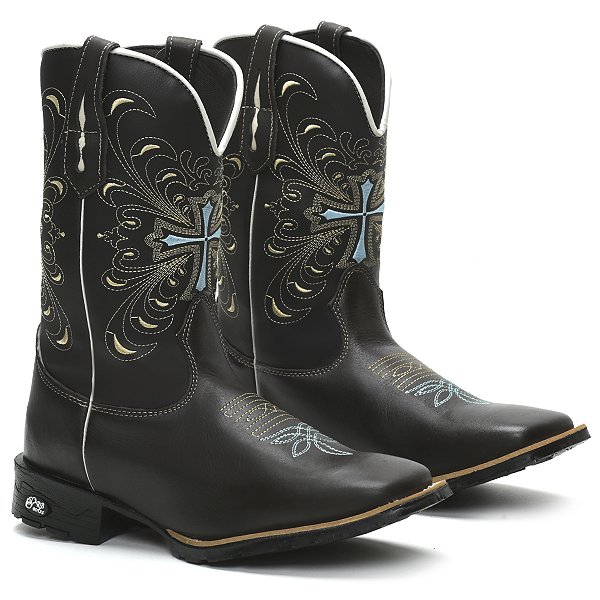 BOTA TEXANA COUNTRY FEMININA BICO QUADRADO COURO MARROM CRUZ AZUL