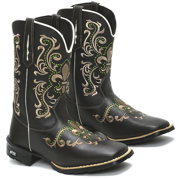 BOTA TEXANA COUNTRY FEMININA BICO QUADRADO COURO MARROM BEGE VERDE