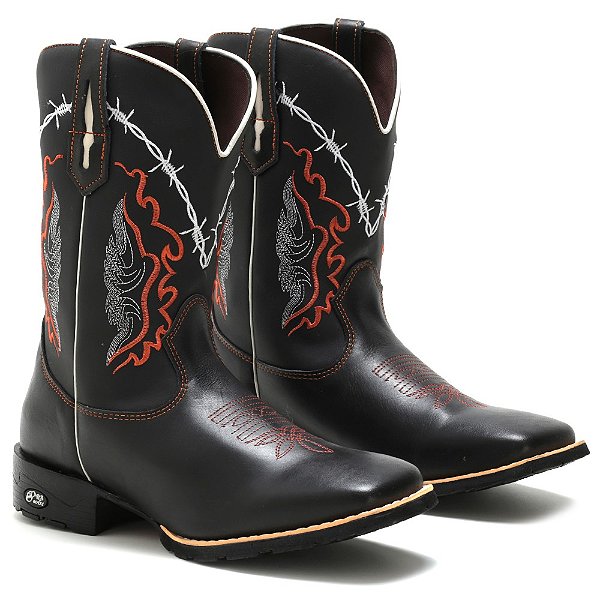 BOTA TEXANA COUNTRY MASCULINA BICO QUADRADO COURO PRETO TRIBAL