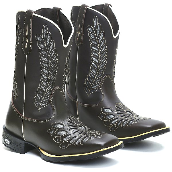 BOTA TEXANA COUNTRY FEMININA BICO QUADRADO COURO MARROM BORDADO LASER