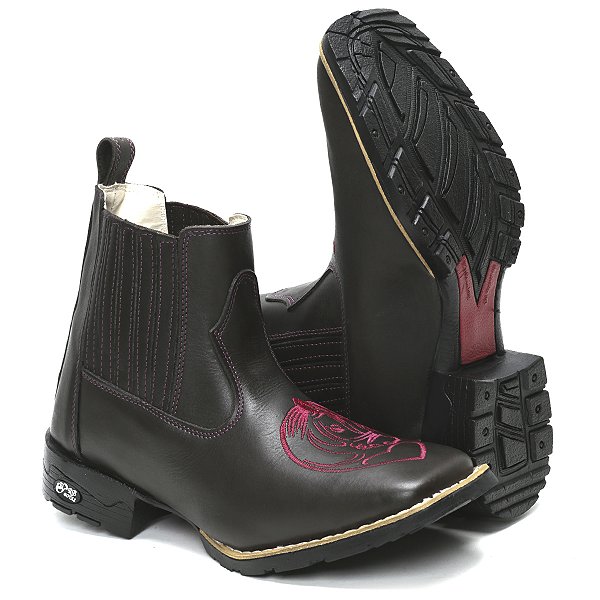 BOTINA TEXANA COUNTRY FEMININA MARROM CAVALO ROSA QUADRADA