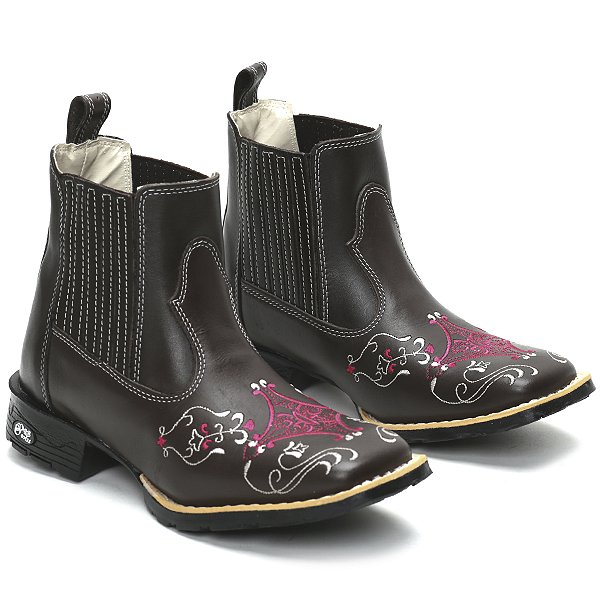 BOTINA TEXANA COUNTRY FEMININA MARROM BRANCO ROSA QUADRADA