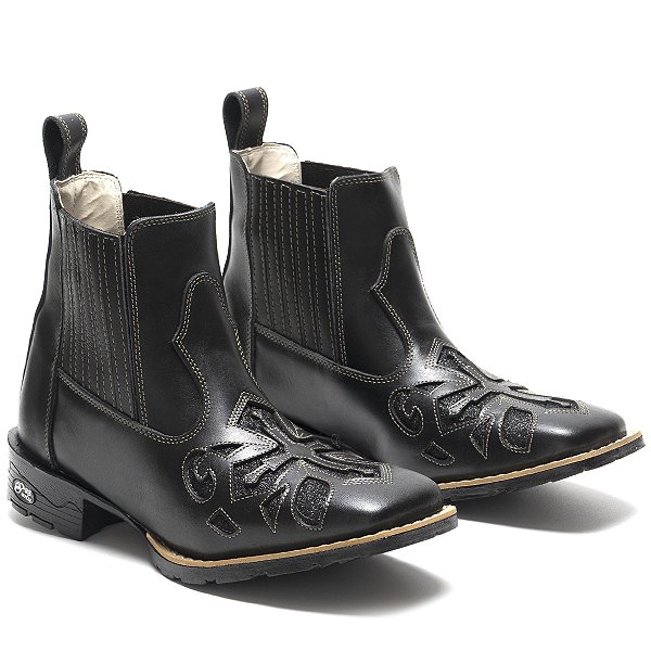 BOTINA TEXANA COUNTRY FEMININA PRETA LASER PRETO QUADRADA COURO LEGITIMO