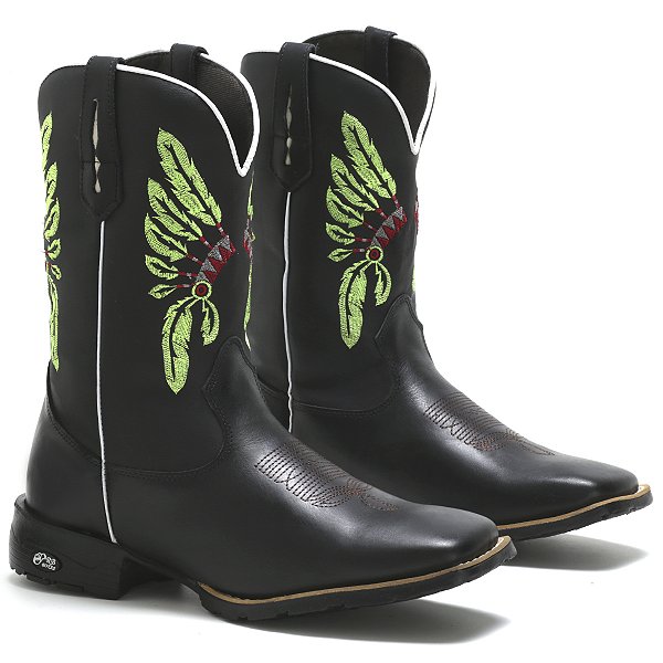 BOTA MASCULINA TEXANA BICO QUADRADO CANO ALTO PRETA COCAR