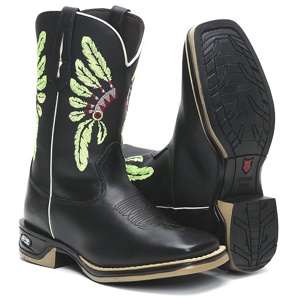 BOTINA TEXANA COUNTRY MASCULINA PRETA QUADRADA COURO BICO QUADRADO PRETO COCAR JUMP