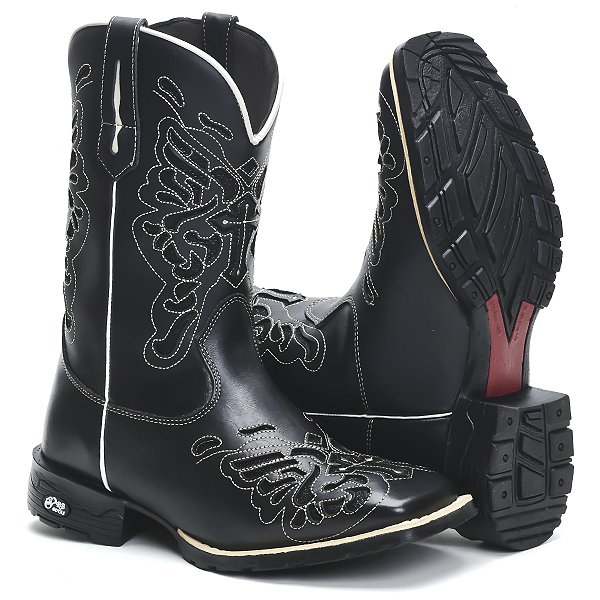 BOTA TEXANA COUNTRY FEMININA PRETA LASER PRETO QUADRADA CANO ALTO