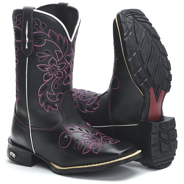 BOTA TEXANA COUNTRY FEMININA PRETA LASER ROSA QUADRADA CANO ALTO