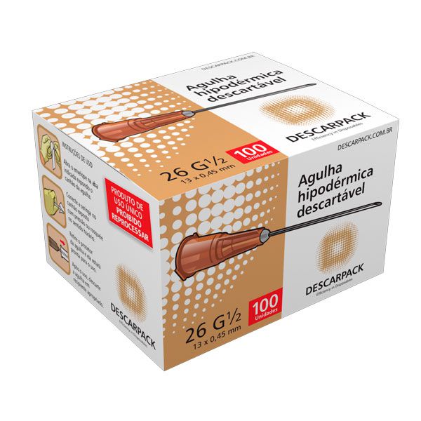 Agulha Hipodérmica 0,45x 13mm 26g Laranja - Caixa com 100 Unidades