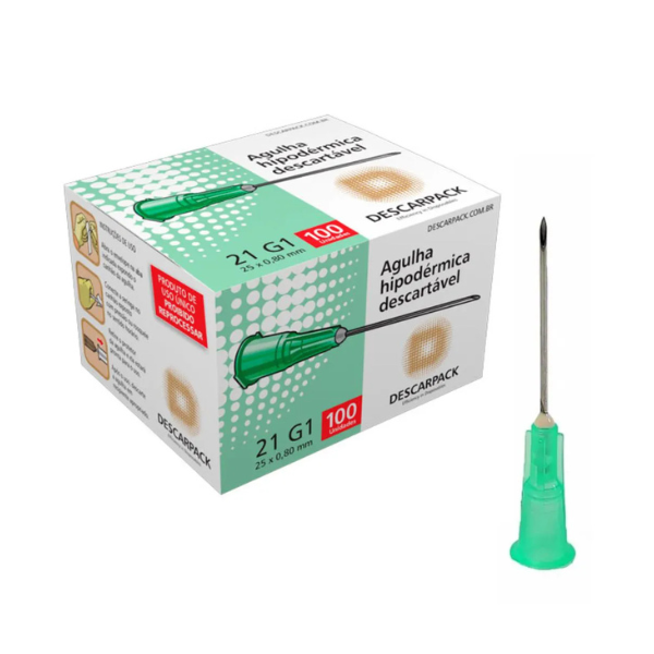 AGULHA HIPODERMICA 0,80X30MM 21G 1/4 VERDE - CX/100 - DESCARPACK