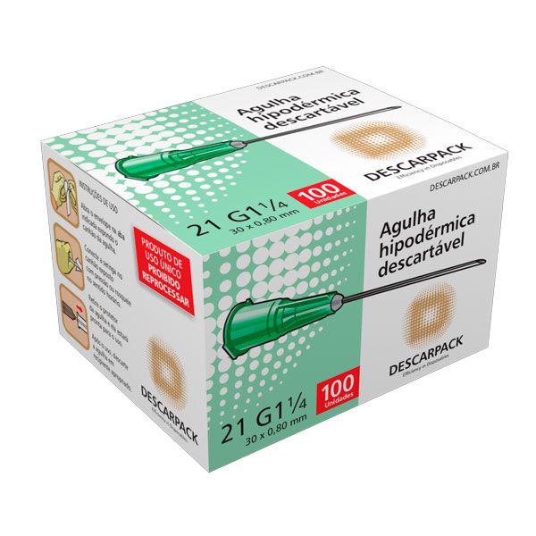 Agulha Hipodérmica 0,80x 30mm 21g 1/4 Verde - Caixa com 100 Unidades
