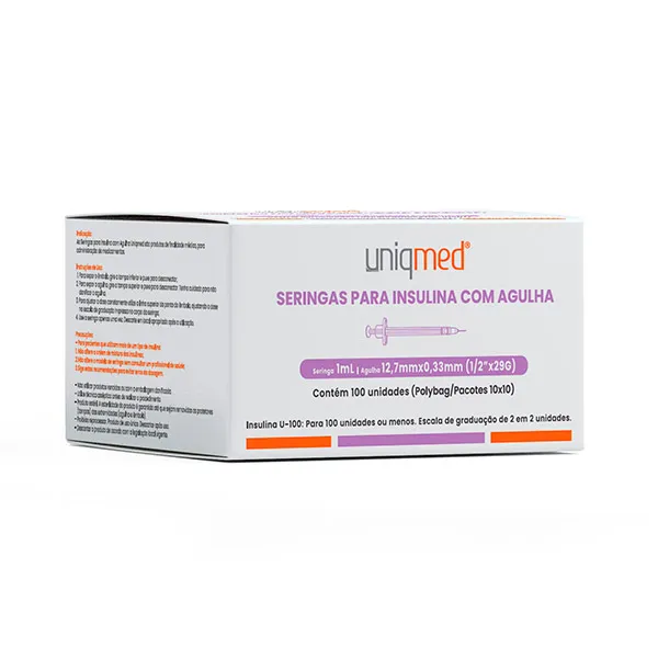 SERINGA INSULINA 1ML 12,7X0,33 29G C/AG - CX/100 - UNIQMED