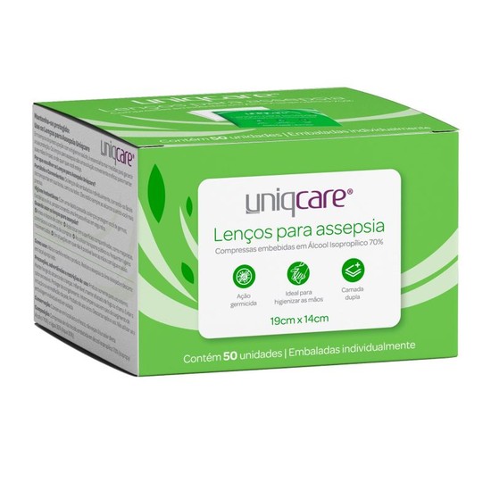 LENÇO P/ ASSEPSIA ALCOOL ISOPROPILICO 70% (19CMX14CM) - CX/50 - UNIQMED