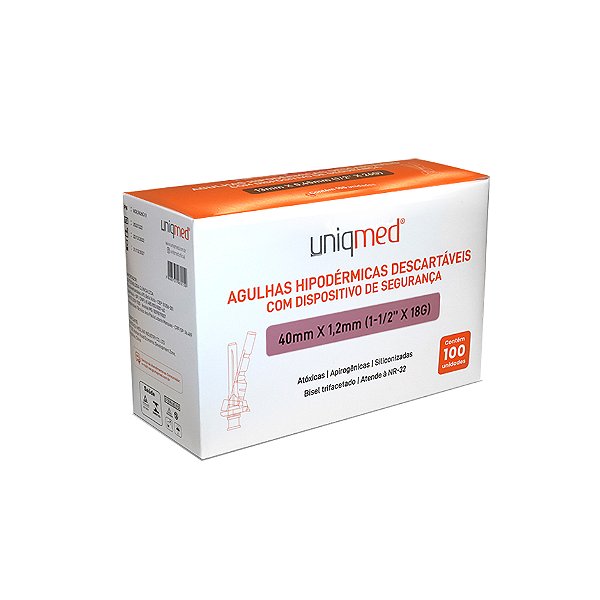 AGULHA HIPODERMICA 18G 1,2MM X40MM C/ DISP. SEGURANÇA - CX/100 - UNIQMED