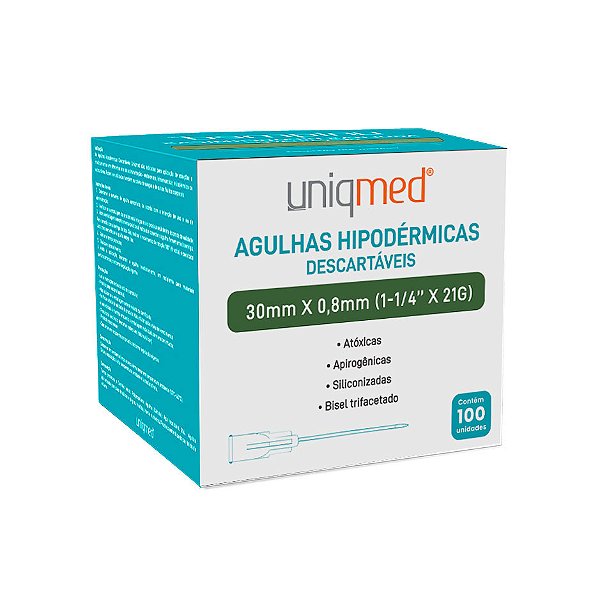AGULHA HIPODERMICA 21G 30MM X 0,80MM - CX/100 - UNIQMED