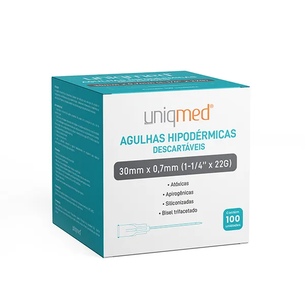 AGULHA HIPODERMICA 22G 30MM X 0,70MM - CX/100 - UNIQMED