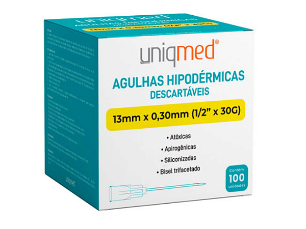 AGULHA HIPODERMICA 30G X 1/2 13MM X 0,3MM - CX/100 - UNIQMED
