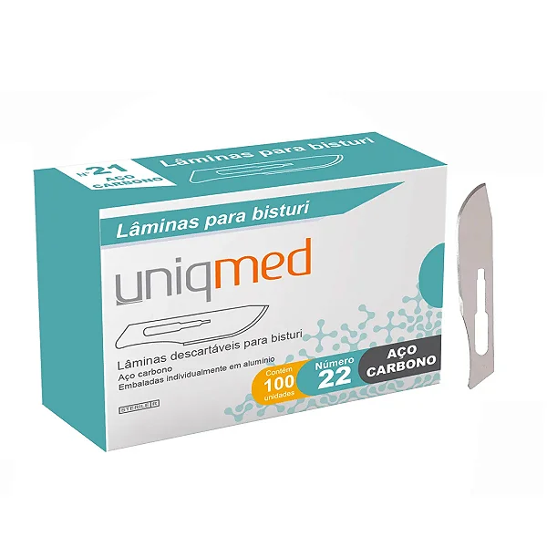 LAMINA BISTURI N22 DESCARTAVEL - AÇO CARBONO - CX/100 - UNIQMED