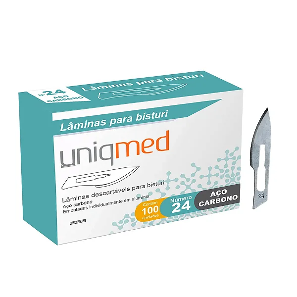 LAMINA BISTURI N24 DESCARTAVEL - AÇO CARBONO - CX/100 - UNIQMED
