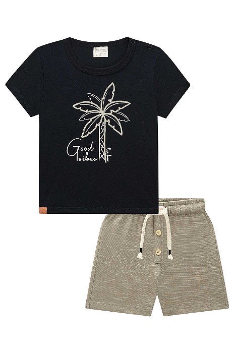 CONJUNTO CAMISETA EM MEIA MALHA ESTAMPADA E BERMUDA EM MESCLADO LUC.BOO