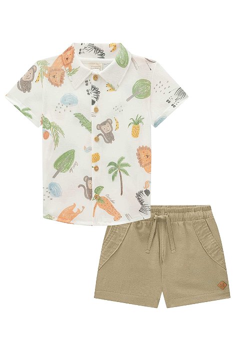 CONJUNTO CAMISA MANGA CURTA ESTAMPADA E BERMUDA EM LINHO LUC.BOO