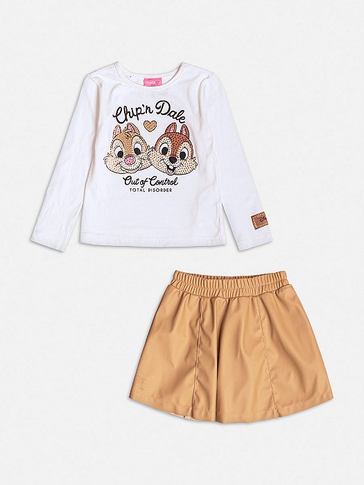 CONJUNTO BLUSA MANGA LONGA TICO E TECO COM STRASS E SAIA EM COURO CARAMELO MOMI