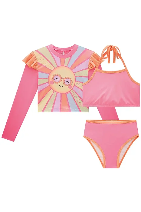 CONJUNTO BLUSA MANGA LONGA E BIQUINI COM PROTEÇÃO UV ESTAMPA COLORIDA INFANTI