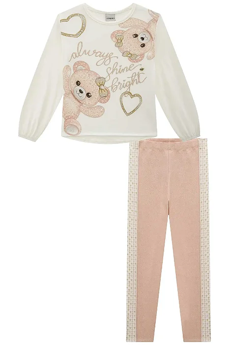 CONJUNTO BLUSA MANGA LONGA ALONGADA EM COTTON E LEGGING ESTAMPADOS INFANTI