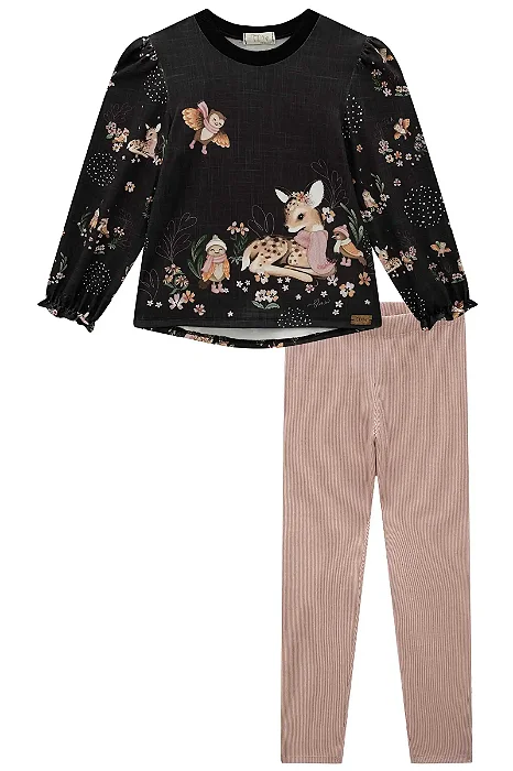 CONJUNTO BATA MANGA LONGA ESTAMPADA E LEGGING EM MALHA SOFT LINE INFANTI
