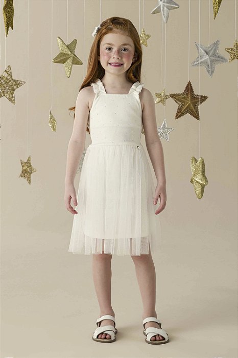 VESTIDO CANELADO COM DETALHES E SAIA EM TULE MON SUCRÉ